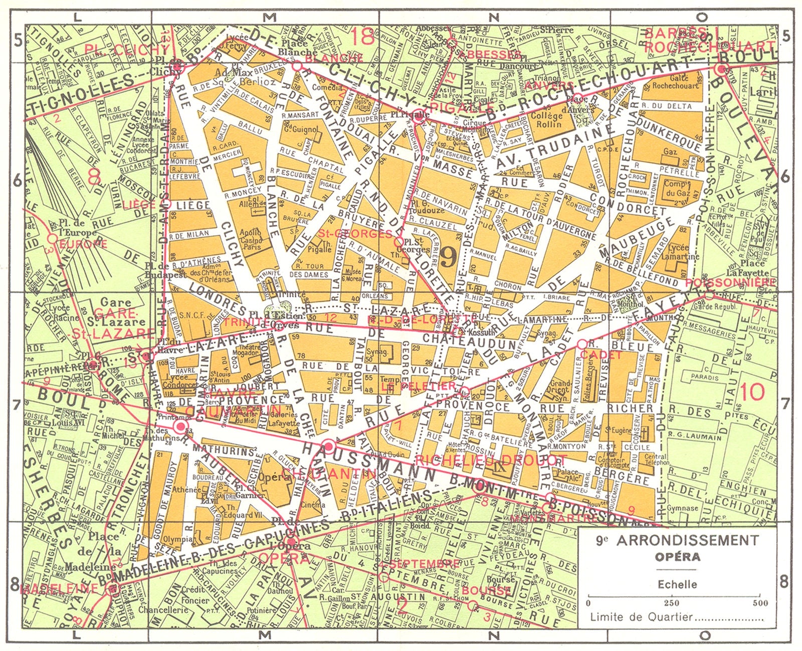 PARIS. 9e Arrondissement Opera 1920 old antique vintage map plan chart